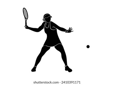 A tennis player woman silhouette sports person design element. The athlete playing tennis with racket and ball. Drawing art illustration of female tennis player. Tenis player vector.