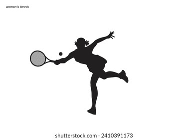 A tennis player woman silhouette sports person design element. The athlete playing tennis with racket and ball. Drawing art illustration of female tennis player. Tenis player vector.