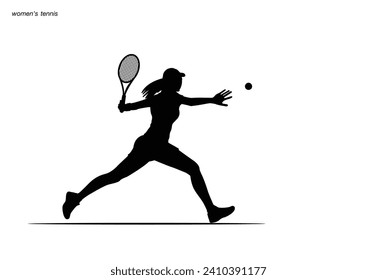 A tennis player woman silhouette sports person design element. The athlete playing tennis with racket and ball. Drawing art illustration of female tennis player. Tenis player vector.