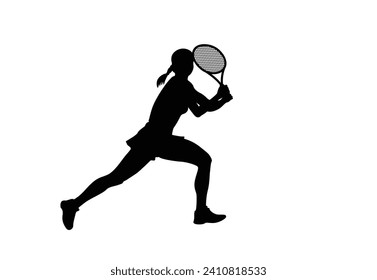 A tennis player woman silhouette sports person design element. The athlete playing tennis with racket and ball. Drawing art illustration of female tennis player. Tenis player vector.