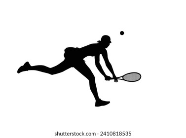 A tennis player woman silhouette sports person design element. The athlete playing tennis with racket and ball. Drawing art illustration of female tennis player. Tenis player vector.