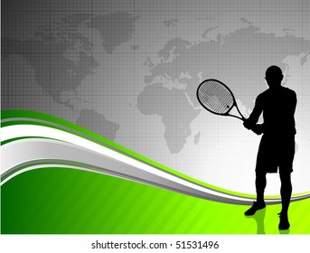 Tennis Player with World Map on Abstract Background Original Illustration