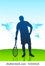 Tennis Player with World Map on Field Original Illustration