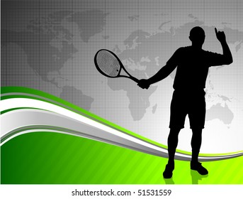 Jugador de tenis con Mapa Mundial de Antecedentes Resumen Ilustración original