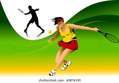 tennis player in yellow on a green background racket strikes the ball;