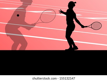 Tennis players active sport silhouettes vector background illustration