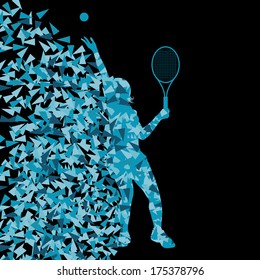 Tennis players active sports silhouette background illustration vector concept made of triangular fragments explosion