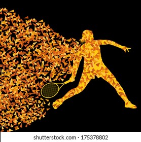 Tennis players active sports silhouette background illustration vector concept made of triangular fragments explosion