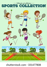 Tennis players and tennis courts illustration