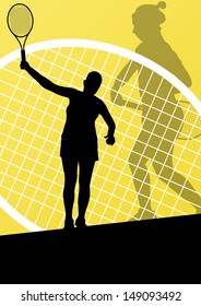 Tennis players detailed silhouettes vector background concept illustration