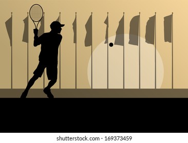 Tennis players detailed silhouettes vector background concept illustration landscape with flags