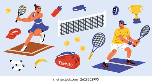 Tennis players and equipment. Dynamic illustration with athletes, rackets, tennis balls, court net, trophy, bag, water bottle, headband, fitness tracker. Modern sport concept on light background.