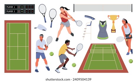 Tennis players and game elements. Sports accessories, athletes with rackets in dynamic poses, court, scoreboard and balls. Competition and hobby cartoon flat isolated tidy vector set