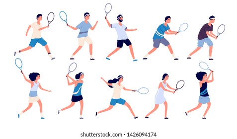 Tennis players. Man and woman holding racket and hitting ball playing tennis. Isolated cartoon vector characters set. Illustration of player tennis with racket, play sport activity