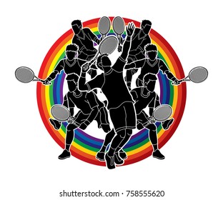 Tennis players , Men action designed on line rainbows background graphic vector.