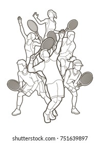 Tennis players , Men and Women action outline graphic vector.