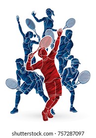 Jugadores de tenis , Hombres y Mujeres, acción diseñada usando el vectorial gráfico de brochas gruesas.