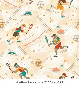 Tennis. Tennis players on tennis court. Seamless Pattern. Summer sport. Retro colors