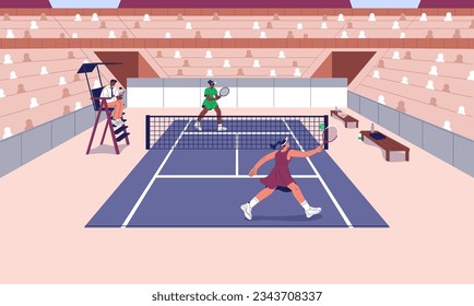 Tennis players. People play summer sport game with racket on court on female championship. Professional sportsmen hit ball racquet, referee comment exciting match from tower. Flat vector illustration.