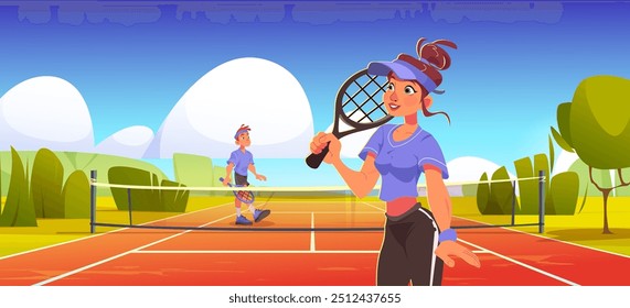 Tenistas con raquetas en la cancha durante el entrenamiento o la competición. Hombre de Vector de dibujos animados y mujer atleta en trajes con equipo jugando juego deportivo en el estadio. Concepto de actividad y Ocio.