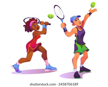 Tennis players set isolated on white background. Vector cartoon illustration of african young woman running with racket in hand, active man serving ball, sports competition athletes, healthy lifestyle