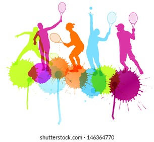 Tennis players silhouettes vector background concept with ink splashes