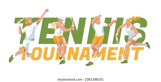 Tennis players in sports uniforms in different poses on the background of a large text. Advertisement of matches, competitions, sports clubs. Vector flat illustration