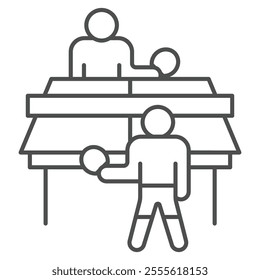 Tennis players and table thin line icon, tennis concept. Vector graphics. Two man playing tennis sign on white background, outline style icon for mobile or web design