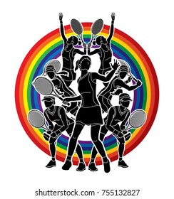 Tennis players , Women action designed on line rainbow background graphic vector.