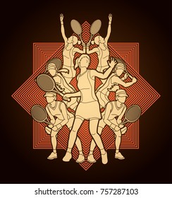 Tennis players , Women action designed on line square background graphic vector.