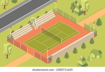 Tennis playground concept. Green grass court with net for game. Active lifestyle and sports infographic. Territory of school or university. Cartoon isometric vector illustration