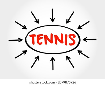 Tennis - popular racket sport played individually against a single opponent or between two teams of two players each, text concept with arrows