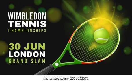 Tennis poster. Championship invitation horizontal banner. Realistic 3d racket and ball. Professional sport tournament. Abstract background. Announcement of flyer template. Vector concept