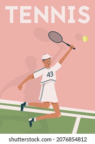 Tennis poster design. Man playing tennis vector cartoon illustration. The male character in sports clothes holding a racquet.