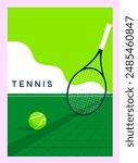 tennis poster, flyer, championship, game, cup, trenniroski, tennis club, vector banner with the image of a court, ball and tennis racket, background