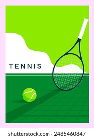 póster de tenis, volante, campeonato, juego, copa, trenniroski, club de tenis, Anuncio de Vector con la Imagen de una cancha, pelota y raqueta de tenis, fondo