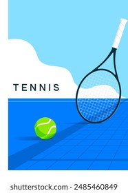 tennis poster, flyer, championship, game, cup, trenniroski, tennis club, vector banner with the image of a court, ball and tennis racket, background