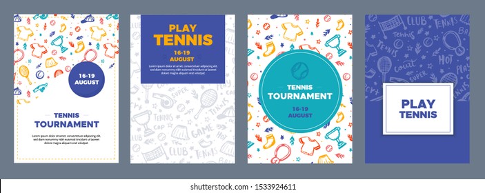 Tennis Poster Set in grunge style on pattern, modern flyer, Tournament template, game layout. Match invitation