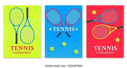 Tennis poster set with tennis rackets and balls. Sport tournament logo or label. Banner, flyer, brochure design template. Vector illustration.