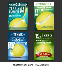 Tennis Poster Set Vector. Design For Sport Bar Promotion. Tennis Ball. Modern Tournament. Sport Event Announcement. Banner Advertising. Label Template Illustration