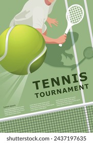 Tennis poster. Silhouette of a tennis player on colorful background. Tennis player man with racket hits the ball. Vector illustration. Court, Tennis Ball. Flyer Tournament. Sport Event Announcement.