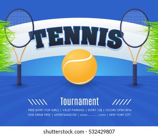 Tennis Poster Vector Background. Grand Slam Event Info Postcard Design and Sports Ad Web Banner or Horizontal Card Template. Realistic Ball and Racket Illustration