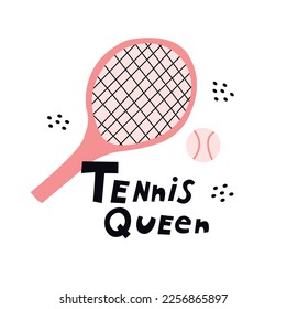 Tennis Queen pink tennis racquet and ball doodle style flat illustration vector.