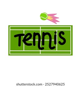 Cita de tenis. Letras y pelota. Frase dibujada a mano de credo positivo. Inscripciones frase motivacional. Hobby o juego deportivo profesional. Vector de dibujos animados de estilo plano aislado ilustración