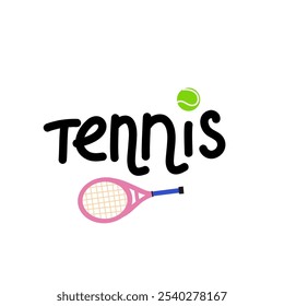 Cita de tenis. Letras, raqueta y pelota. Frase dibujada a mano de credo positivo. Inscripciones frase motivacional. Hobby o juego deportivo profesional. Vector de dibujos animados de estilo plano aislado ilustración