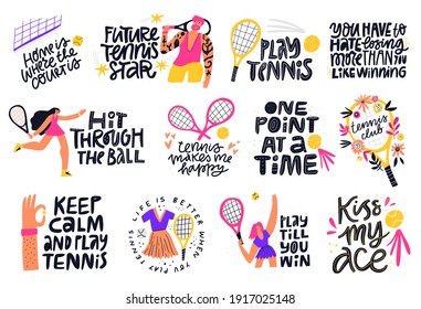 Tennis quotes, positive credos hand drawn letterings set. Male and female athletes with sport facilities flat illustrations with typography pack. Credo inscriptions isolated doodle drawings collection