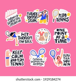 Tennis quotes, sport phrases vector letterings set. Athletes and sport facilities flat illustrations with typography collection. Handwritten mottos inscriptions isolated doodle drawings pack