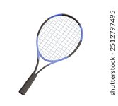 Tennis racket 3D illustration in realistic cartoon style. Tennis racket isolated on white background. Sport equipment for athletes, play tennis concept, banner, advertising design element