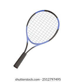 Tennis racket 3D illustration in realistic cartoon style. Tennis racket isolated on white background. Sport equipment for athletes, play tennis concept, banner, advertising design element