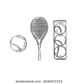 Tennis racket, tennis ball and balls in a plastic case. Black and white hand drawn illustration.
